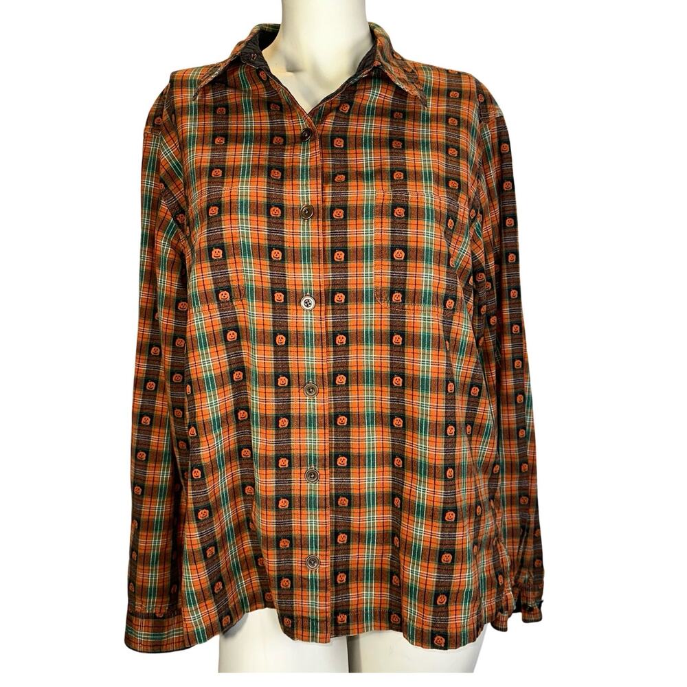 Krazy Kat Halloween Plaid Pumpkin Jack O Lantern Embroidered Button Up Shirt XL